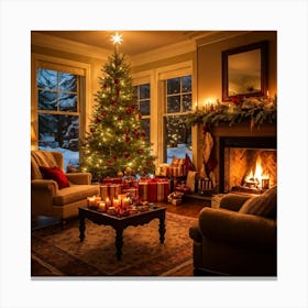 A Cozy Winter Evening By A Roaring Fireplace An Ornately Decorated Christmas Tree Situated In The C (5) Canvas Print