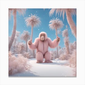 Digital Oil, Ape Wearing A Winter Coat, Whimsical And Imaginative, Soft Snowfall, Pastel Pinks, Blue Canvas Print