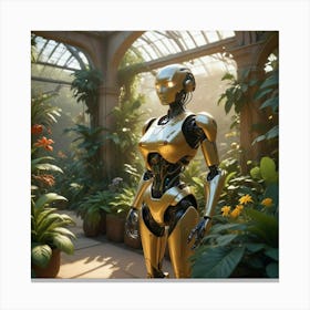 Golden Robot In A Greenhouse Canvas Print