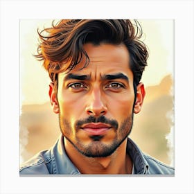 Handsome Spanish Man With Deep Eyes, Watercolor Portrait, Sunlit Background 1 Canvas Print