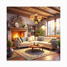 Cozy Living Room With Fireplace And Large Window 1 Canvas Print