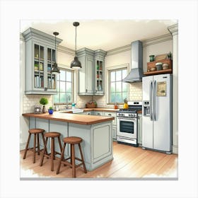 Watercolor Kitchen, Classic Charm With Modern Touch 1 Canvas Print