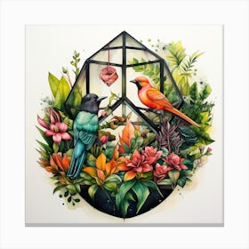 Tropical Birds In A Glass Terrarium Canvas Print