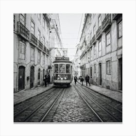 Black And White Photo Lisbons Vintage Tramway Weaving Through Narrow Historic City Streets Tram D (1) Canvas Print