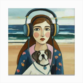 Girl With Headphones And Dog Canvas Print