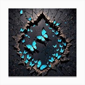 Blue Butterflies, Blue Butterflies In A Brick Wall, Butterflies Emerging From A Cracked Dark Wall Representing Transformation And Hope Canvas Print