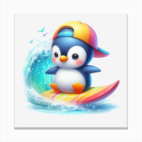 Penguin On Surfboard Canvas Print