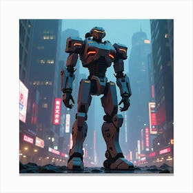 A Colossal Robotic Sentinel Standing Guard Over A Neon Lit City 1 Canvas Print