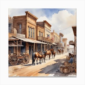 Western Town In Texas With Horses No People Watercolor Trending On Artstation Sharp Focus Studi (2) Canvas Print
