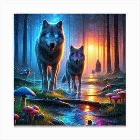 Mystical Forest Wolves Seeking Mushrooms and Crystals 10 Canvas Print