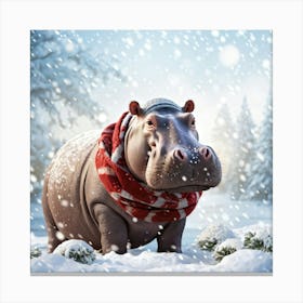 Adorable Hippo In Cozy Knit Cap And Scarf Surrounded By Gentle Snowfall Suggesting A Picturesque Wi Canvas Print