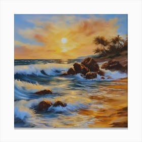 The sea. Beach waves. Beach sand and rocks. Sunset over the sea. Oil on canvas artwork.11 Canvas Print