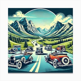 Vintage Car Rally Scenic Route Printed Art A Vibrant Illustration Of Classic Cars On A Scenic Route, Perfect For Capturing The Freedom And Joy Of The Open Road In Any Car Lover’S Space Printed Art Canvas Print