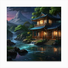 Asian House By The River Canvas Print