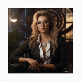 Beautiful Woman In Glasses Sitting At Desk Canvas Print