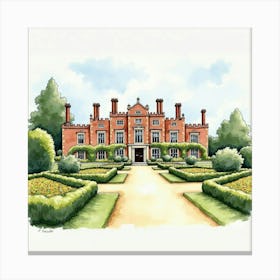 Watercolor Scene Of The Eynsham Hall In Oxfordshire, Capturing Its Grand Design And Beautiful Gardens Canvas Print