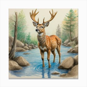 Deer In The Stream 2 Canvas Print