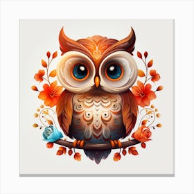 Owl On Branch With Flowers Canvas Print