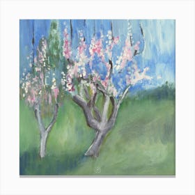 Apricot Blossom - hand painted square landscape impressionist blue green nature garden living room bedroom Canvas Print