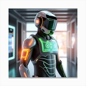 The Image Depicts A Alpha Male In A Stronger Futuristic Suit With A Digital Music Streaming Display 1 Canvas Print