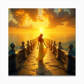 Woman Walking On A Bridge At Sunset Canvas Print