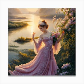 Sunset Harmony Graceful Woman In Pink Dress, Oil Painting (3) Canvas Print