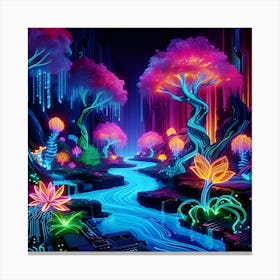 A Neon Lit Jungle With Glowing Flora And Fauna 2c Where The Trees Are Circuit Boards And The Rivers Flow With Liquid Light 3 Canvas Print