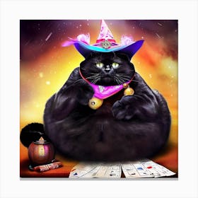 Black Cat In Witch Hat Canvas Print