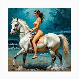 Nude Woman Riding A White Horse Canvas Print