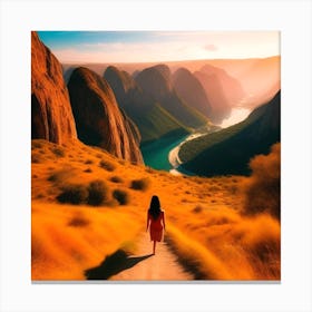Woman In Red Walking In The Mountains Canvas Print