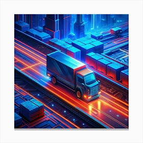 Futuristic Delivery Truck On Neon Lit Road Canvas Print