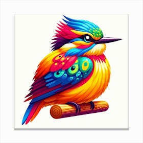 Bird Is The Word 2/4 (bright colourful bird on perch plain white background rainbow cut feathered friend tweet songbird cute wall decoration) Canvas Print