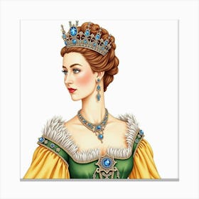 Graceful Watercolor Of Queen Elizabeth I, Royal Jewels, Embroidered Gown 1 Canvas Print