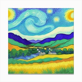 Whispering Meadows: A Village Tale Starry Night Canvas Print