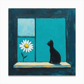 Teal Blue Cat And Daisy By the Window Canvas Print