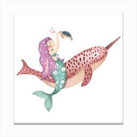 Cute mermaid riding a narwhal Canvas Print