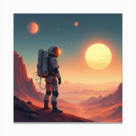 Space Explorer On An Alien Planet With A Twin Sun Sky, Watercolor Finish 1 Canvas Print