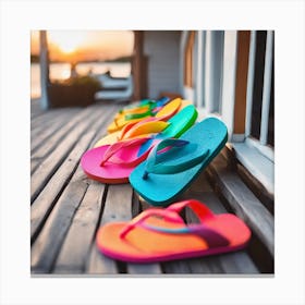 Colorful Flip Flops on beach house porch Canvas Print