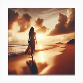 Sunset Woman Walking On The Beach Canvas Print