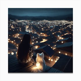 Little girl and her little dog looking at the night sky together 7 Canvas Print