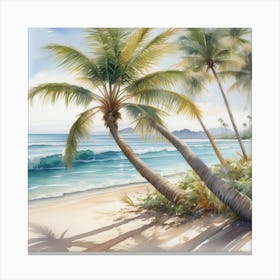 Palm Tree In Sea Oo Watercolor Canvas Print