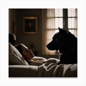 Woman In Bed With A Dog Canvas Print