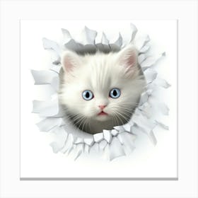 White Kitten Peeking Out Of A Hole Canvas Print