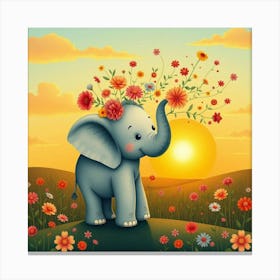 Whimsical Elephant With Floral Ears Spraying Colorful Blossoms Into The Air Under A Golden Sunset 1 Canvas Print