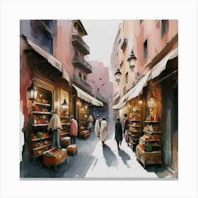 Marrakech Street, Whimsical Watercolor City Canvas Print