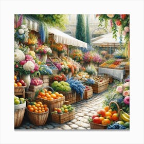 Mediterranean Market: A Lively and Inviting Painting of a Flower and Fruit Market with Mediterranean Vibes Canvas Print
