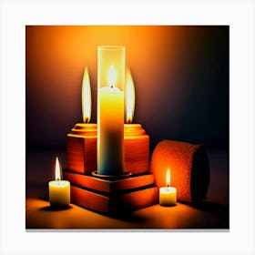 Candles and a towel are lit up in front of a candle holder, Candles On A Table Canvas Print