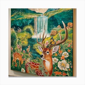 Deer And Waterfall Canvas Print