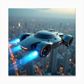 High Tech Flying Car With Glowing Blue Trails, Hovering Through A Cityscape 1 Canvas Print