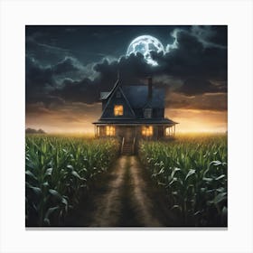 Sentinel Under a Gloomy Moon: A House Lost in the Corn Maze Canvas Print